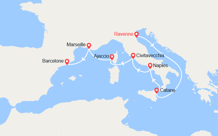 Carte itinéraire croisière Italie, Corse, Provence, Espagne