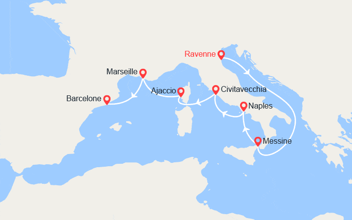 Carte itinéraire croisière Italie, Corse, Provence, Espagne
