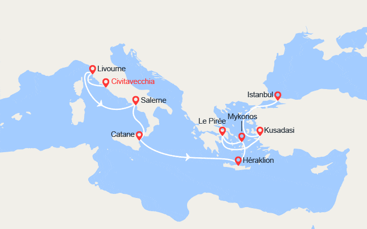Carte itinéraire croisière Italie, Crète, Grèce, Turquie
