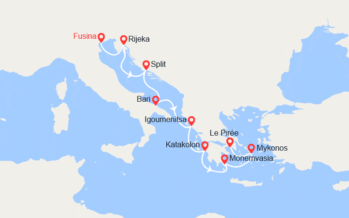 Carte itinéraire croisière Italie, Croatie, Grèce