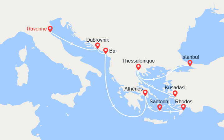 Carte itinéraire croisière Italie, Croatie, Monténégro, Îles Grecques, Turquie