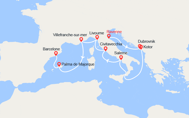 Carte itinéraire croisière Italie, Croatie, Monténégro, Provence, Baléares, Espagne