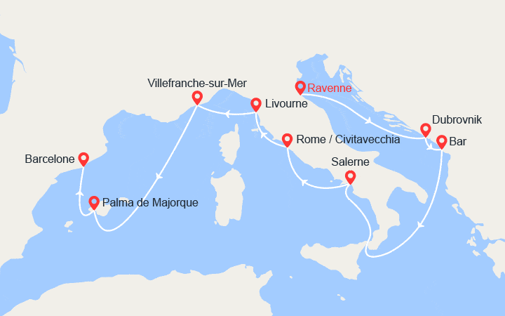 Carte itinéraire croisière Italie, Croatie, Monténégro, Provence, Baléares, Espagne