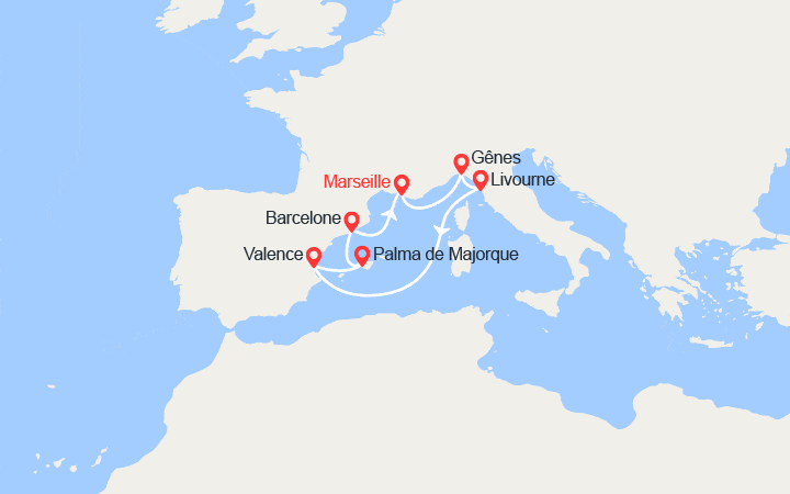 Carte itinéraire croisière Italie, Espagne, Majorque