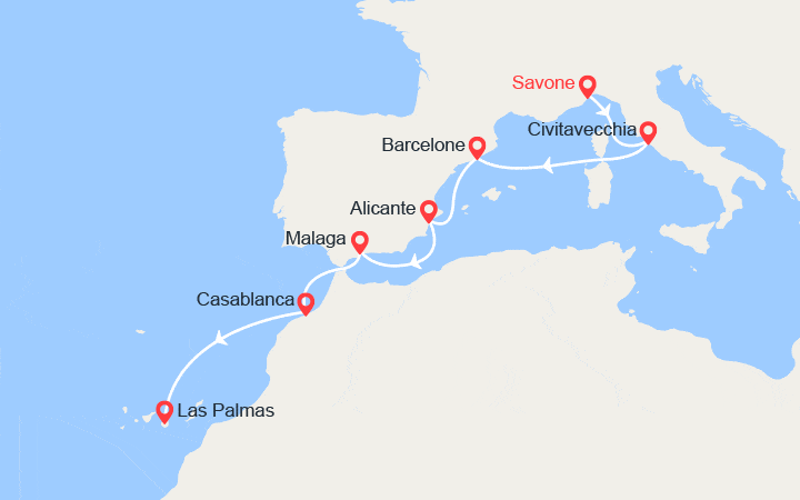 Carte itinéraire croisière Italie, Espagne, Maroc, Canaries