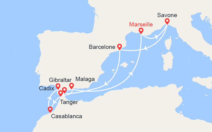 Carte itinéraire croisière Italie, Espagne, Maroc, Gibraltar