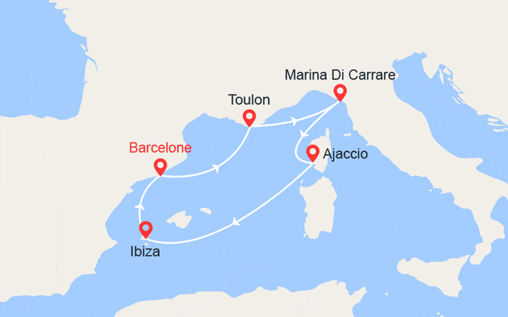 Carte itinéraire croisière Italie, France, Espagne