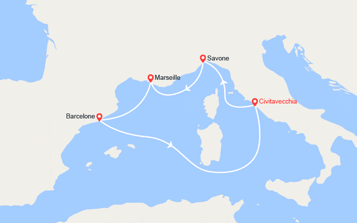 Carte itinéraire croisière Italie, France, Espagne