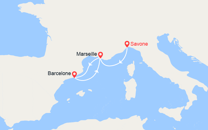 Carte itinéraire croisière Italie, France, Espagne