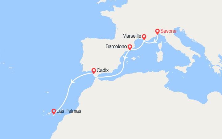 Carte itinéraire croisière Italie, France, Espagne, Canaries