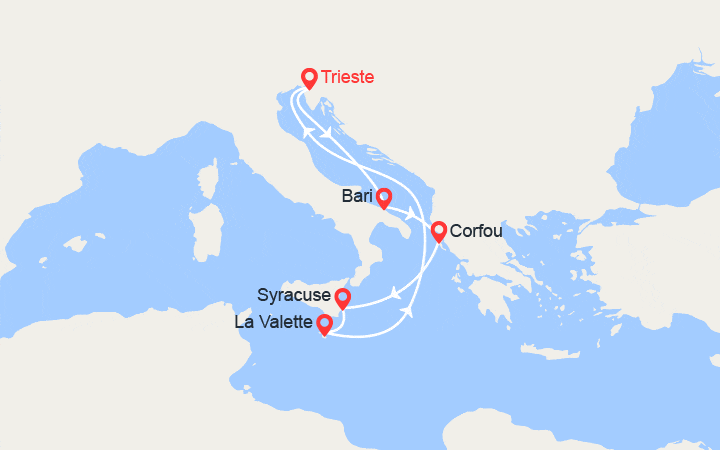 Carte itinéraire croisière Italie, Grèce, Malte