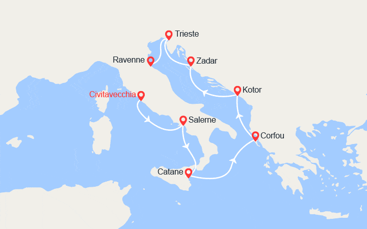 Carte itinéraire croisière Italie, Grèce, Monténégro, Croatie