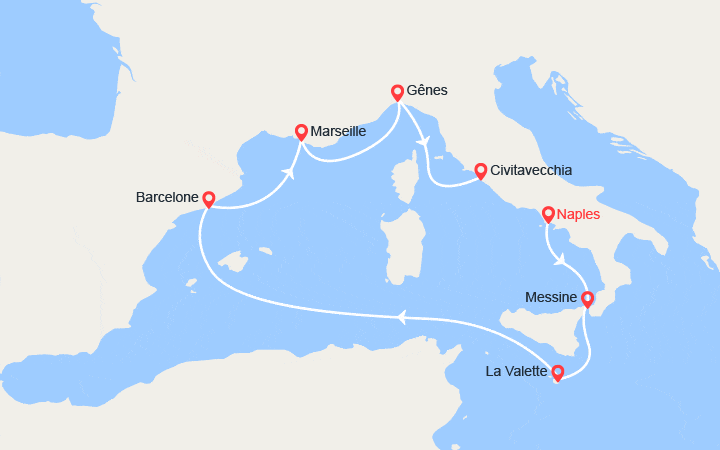 Carte itinéraire croisière Italie, Malte, Espagne, France