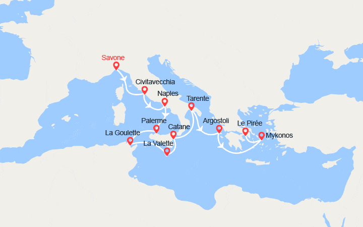 Carte itinéraire croisière Italie, Malte, Grèce