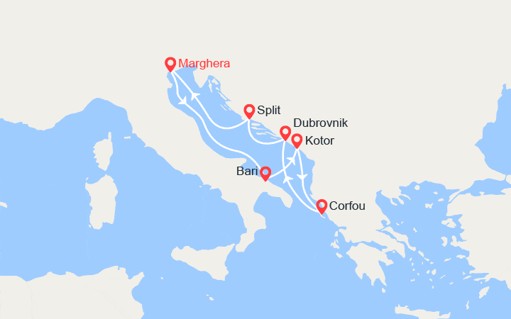 Carte itinéraire croisière Italie, Monténégro, Grèce, Croatie