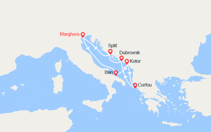 Carte itinéraire croisière Italie, Monténégro, Iles grecques, Croatie