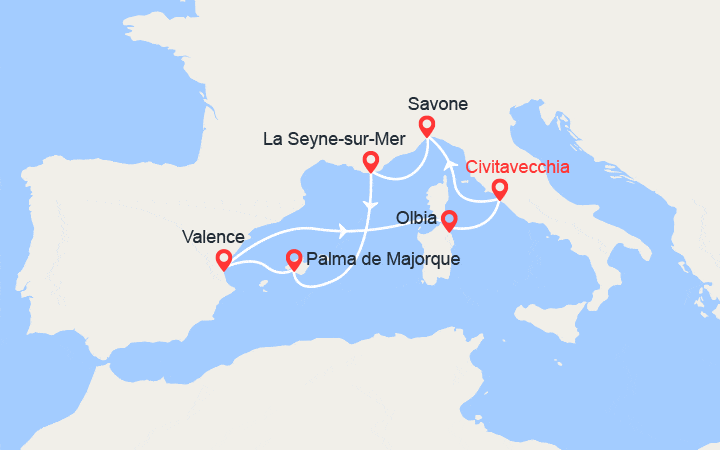Carte itinéraire croisière Italie, Provence, Baléares, Espagne