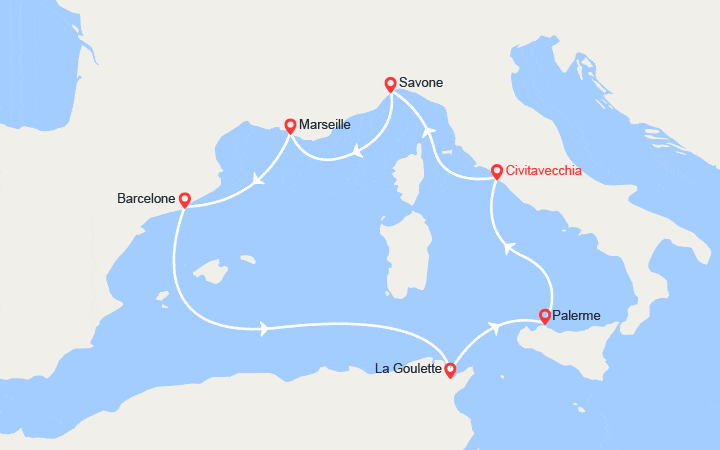 Carte itinéraire croisière Italie, Provence, Espagne, Tunisie, Sicile