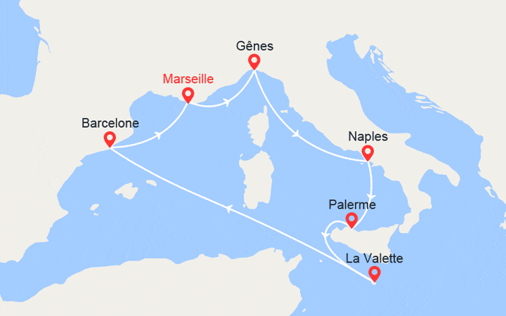 Carte itinéraire croisière Italie, Sicile, Malte, Barcelone