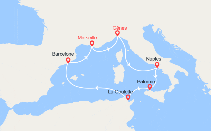 Carte itinéraire croisière Italie, Sicile, Tunisie, Barcelone
