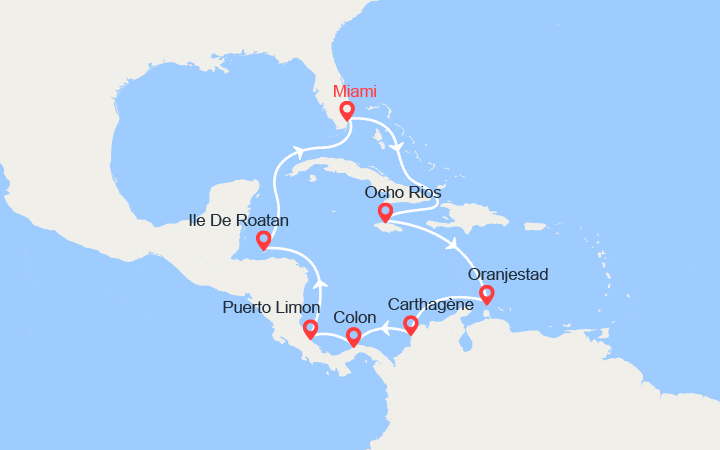 Carte itinéraire croisière Jamaïque, Aruba, Colombie, Panama, Costa Rica, Honduras