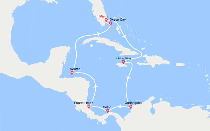 Carte itinéraire croisière Jamaïque, Colombie, Panama, Costa Rica, Honduras, Bahamas