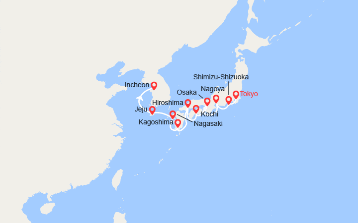 Carte itinéraire croisière Japon, Chine