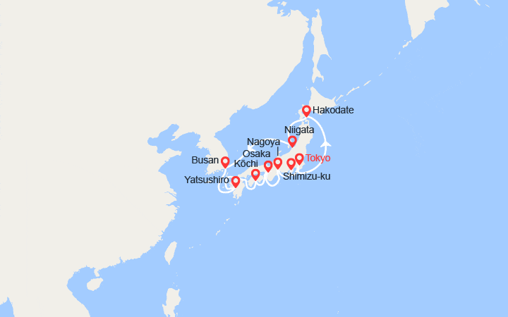 Carte itinéraire croisière Japon, Corée du Sud – Tokyo, Hakodate, Niigata, Busan