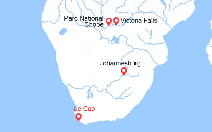 Carte itinéraire croisière L'Afrique Australe avec pré-programme au Cap de Bonne Espérance (14Z_PP)
