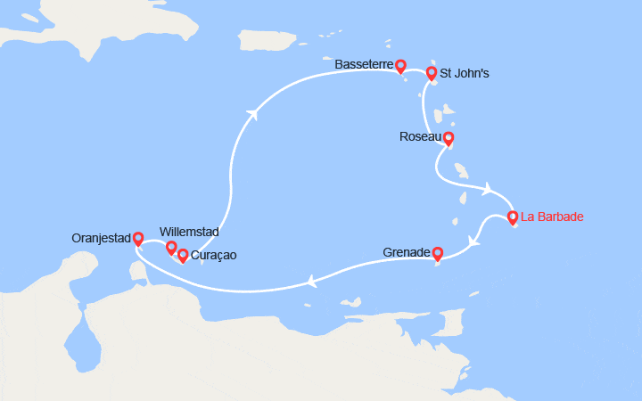 Carte itinéraire croisière La Barbade, Grenade, Aruba, Curaçao, Bonaire