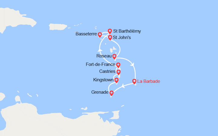 Carte itinéraire croisière La Barbade, Grenade, Saint-Vincent-et-les-Grenadines, Sainte-Lucie, Martinique