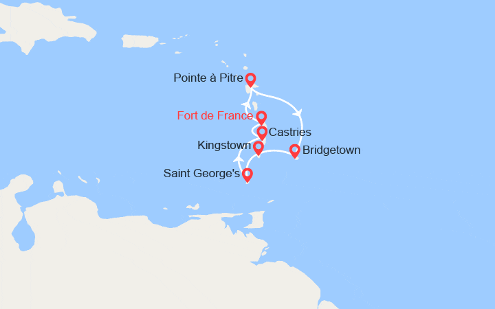 Carte itinéraire croisière La Barbade, Grenadines, Grenade, Ste Lucie