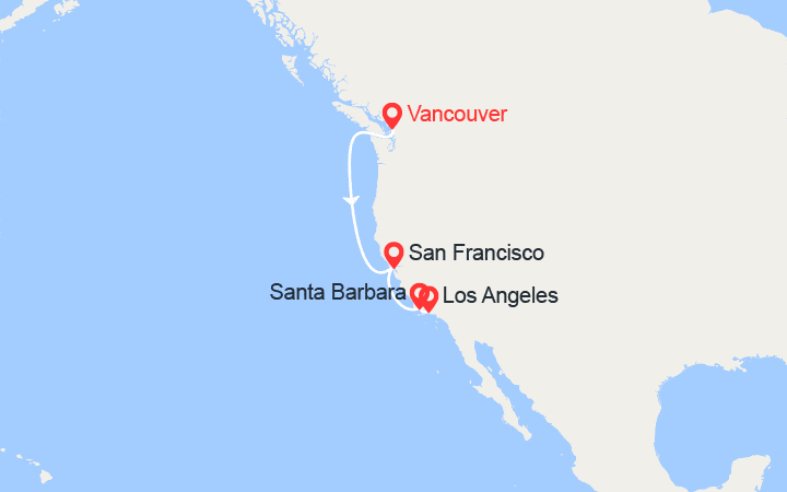 Carte itinéraire croisière La Californie : Côte viticole du Pacifique