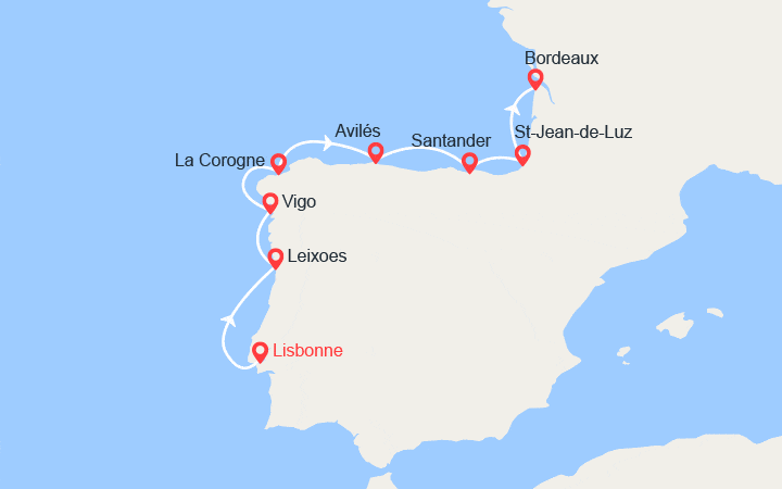 Carte itinéraire croisière La côte Atlantique avec le Ballet de l' Opéra national de Paris