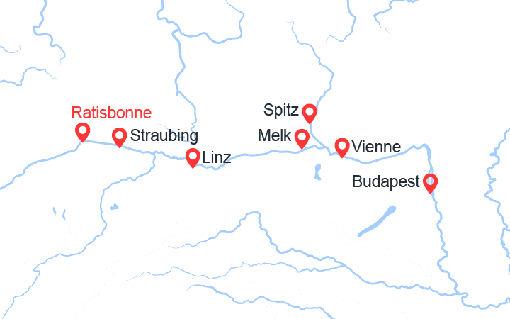Carte itinéraire croisière Le Danube : Allemagne, Autriche, Hongrie