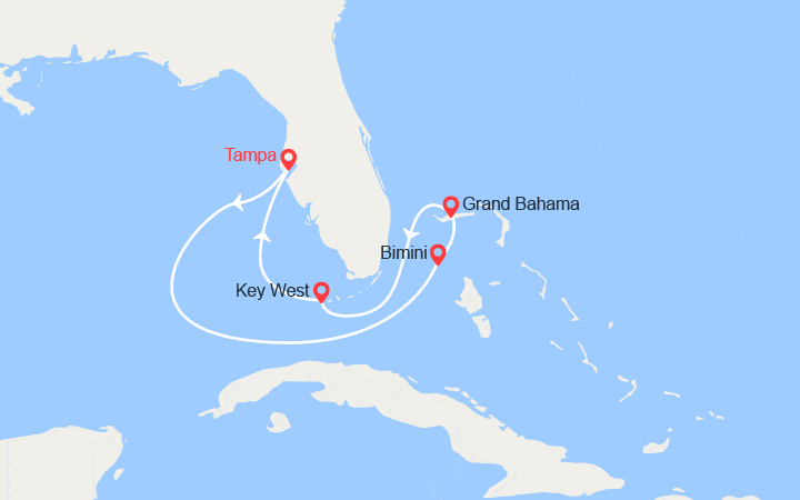 Carte itinéraire croisière Les Bahamas : Bimini, Key West