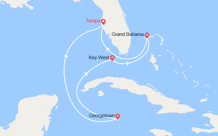 Carte itinéraire croisière Les Bahamas : Grand Cayman, Key West