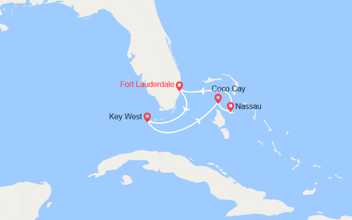 Carte itinéraire croisière Les Bahamas : Key West, Cococay, Nassau