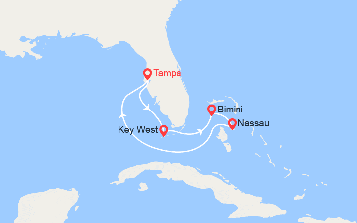 Carte itinéraire croisière Les Bahamas : Tampa, Key West, Nassau
