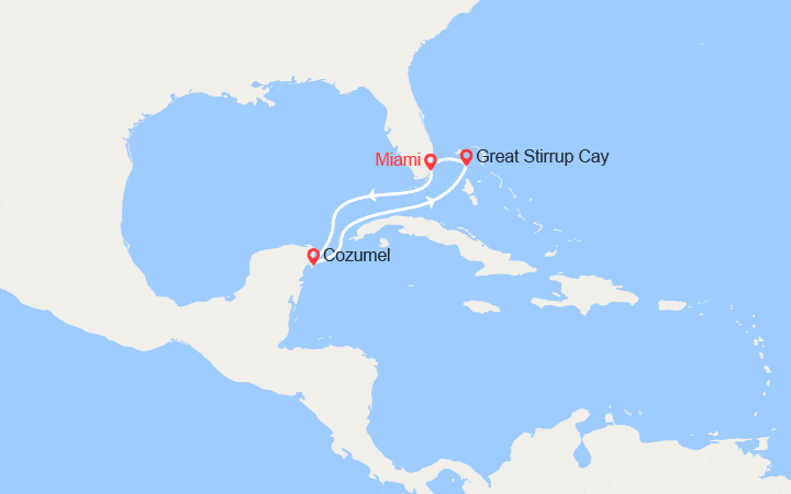 Carte itinéraire croisière Les Caraïbes: Miami, Bahamas, Cozumel