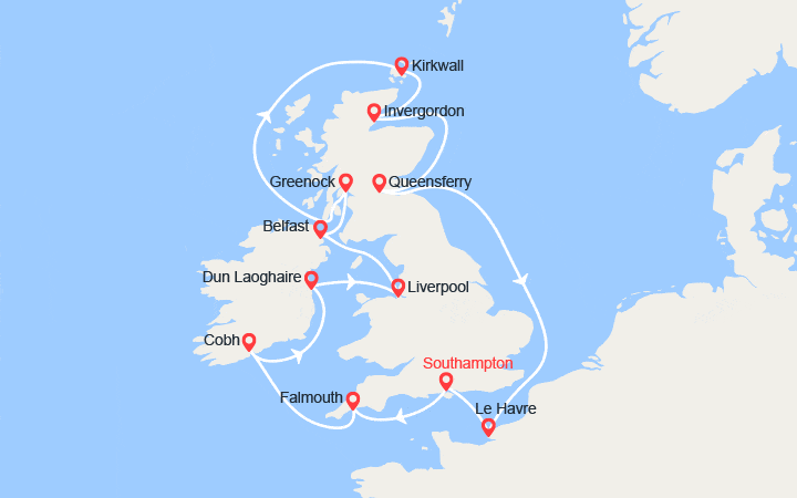 Carte itinéraire croisière Lieux mythiques et paysages enchanteurs des Iles Britanniques (G)