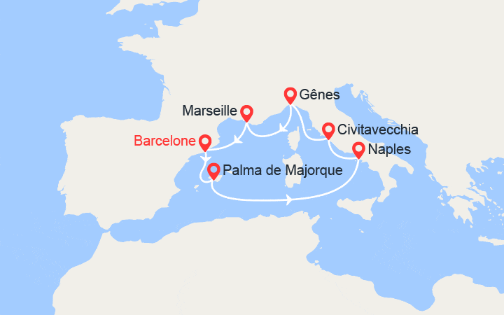 Carte itinéraire croisière Majorque, Italie, France, Espagne