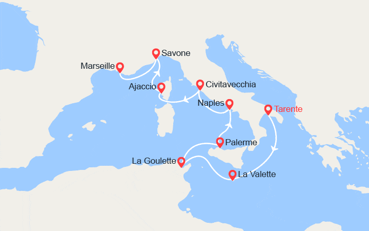 Carte itinéraire croisière Malte, Italie, Corse, France