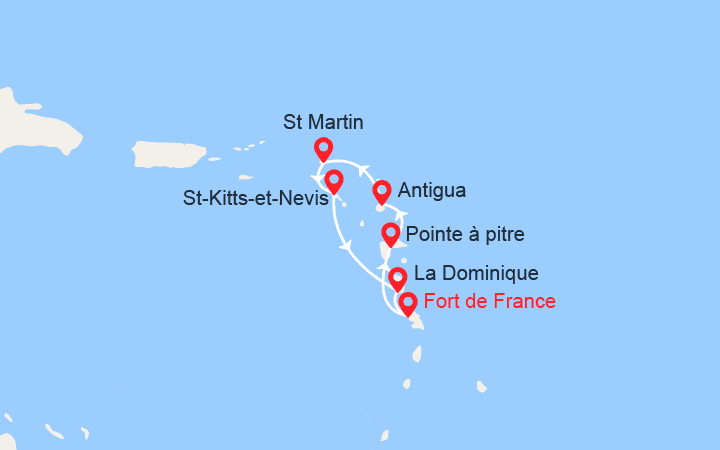 Carte itinéraire croisière Martinique, Guadeloupe, Antigua, St Martin, St Kitts; Dominique