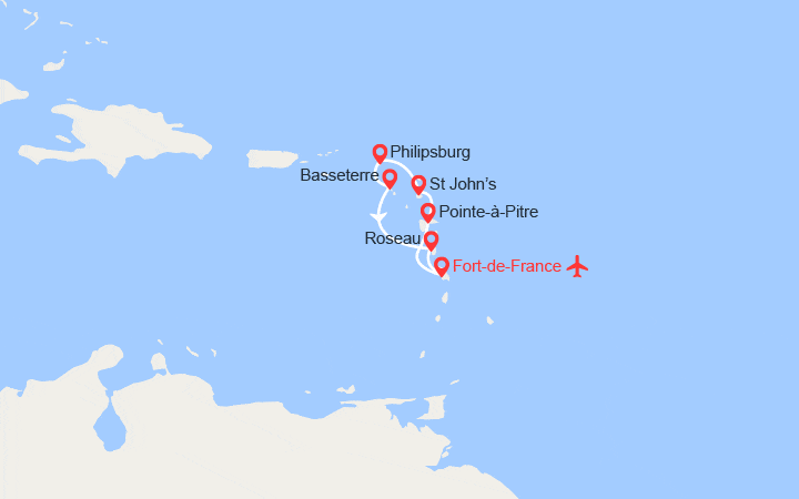 Carte itinéraire croisière Martinique, Guadeloupe, Antigua, St Martin, St Kitts; Dominique - Vols inclus