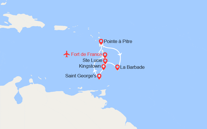 Carte itinéraire croisière Martinique, Guadeloupe, Barbade, St-Lucie, St Vincent et les Grenadines, Grenade - Vols Inclus
