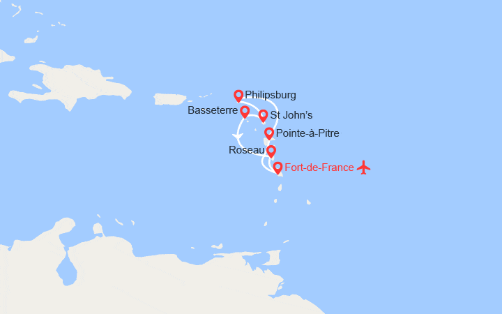 Carte itinéraire croisière Martinique, Guadeloupe, St Martin, Antigua, St Kitts, Dominique - Vols inclus