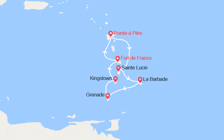 Carte itinéraire croisière Martinique, Guadeloupe, Ste Lucie, Barbade, Grenadines, Grenade