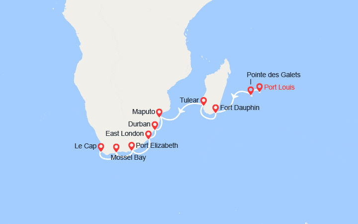 Carte itinéraire croisière Maurice, La Réunion, Madagascar, Mozambique, Afrique du Sud
