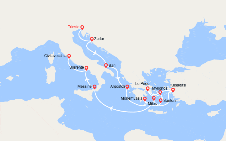 Carte itinéraire croisière Mer de l'héritage : de Trieste à Rome
